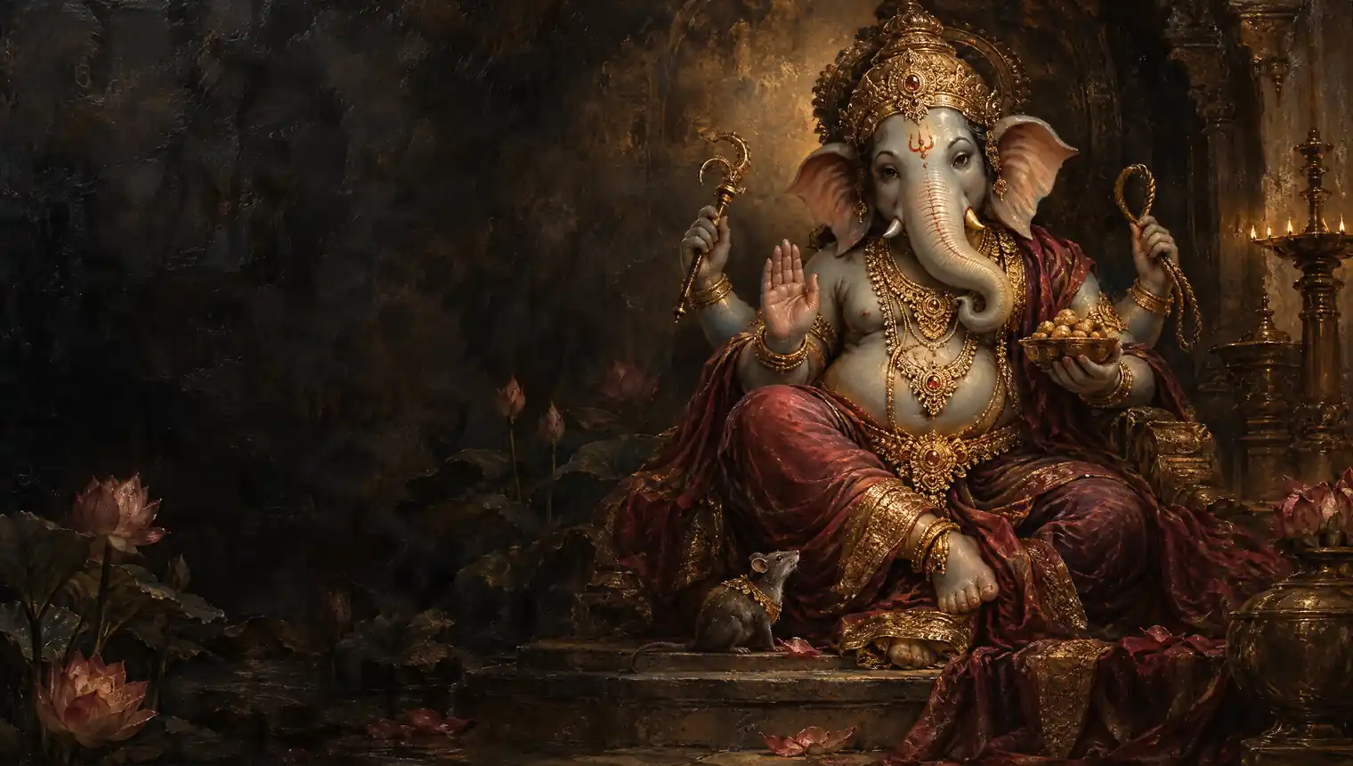 Lord Ganesha seated beside a lotus pond in warm golden light