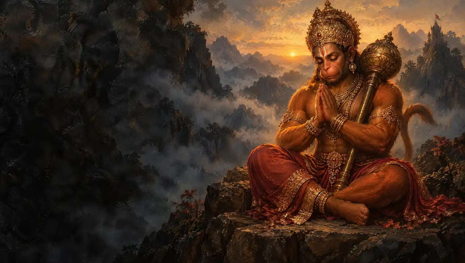 Lord Hanuman seated in prayer on a mountain ledge at sunrise, holding his mace