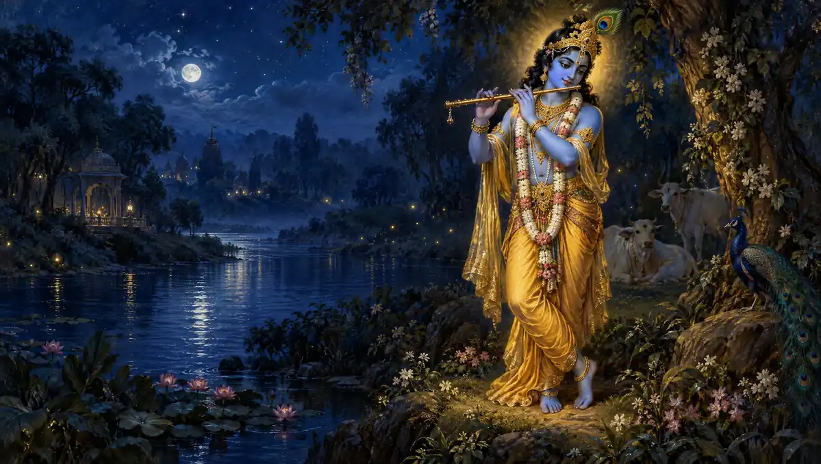 Lord Krishna playing the flute beside a moonlit river, wearing golden-yellow silk