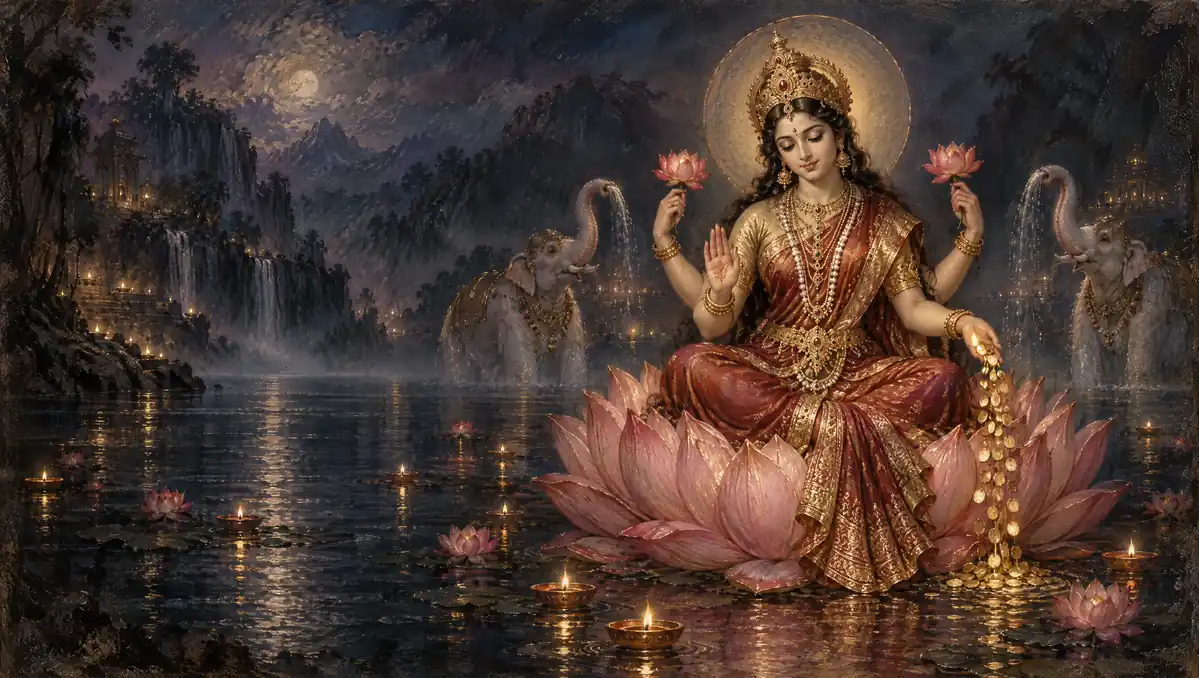 Goddess Lakshmi on a pink lotus, gold coins falling into still water, elephants behind