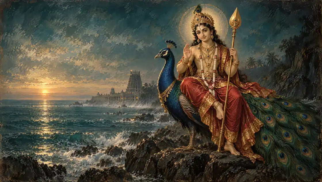 Lord Murugan seated on his peacock with his vel on the shore at dawn